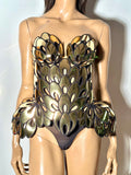Chrome art nouveau inspired corset , burlesque performer futuristic gear