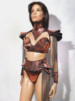 Embossed bustle , futuristic outfit female Torera from divamp Couture with retractable fringes