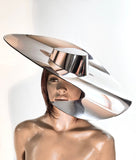 Big brim palette hat, asymmetrical chrome hat, metallic floppy hat