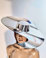 Big brim palette hat, asymmetrical chrome hat, metallic floppy hat