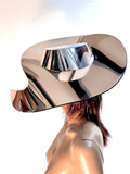 Big brim palette hat, asymmetrical chrome hat, metallic floppy hat