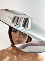 Big brim palette hat, asymmetrical chrome hat, metallic floppy hat