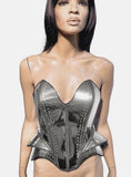Detailed embossed corset, designed by Divamp Couture, steampunk robot prototype cosplay corset, sci fi costume, metal corset