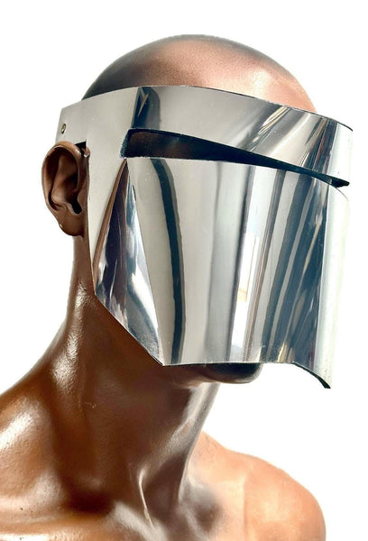 Large futuristic chrome face mask with an agressive  look from divamp couture