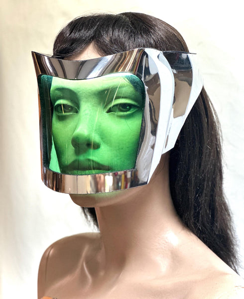 Chrome futuristic Chrysler mask with visor and led light by Divamp Couture