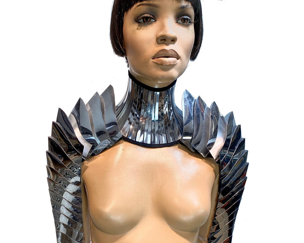 futuristic costume armadillo armour segmented neck and shoulder, cyber arm, shoulder armor