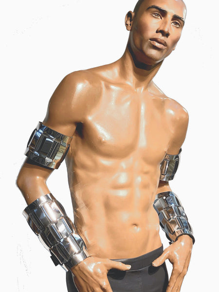 Chunky Woven Chrome Slave Cuffs 4X, Silver Gloves, Male Metal Arm Cuffs