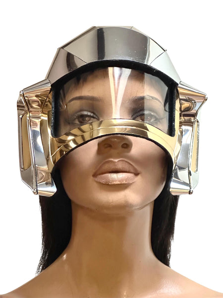 futuristic visor helmet ,cyborg headpiece robot cybergoth , robocop divamp couture