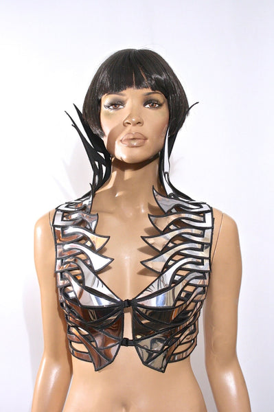 vulcan goddess bustier chrome shrug burlesque fetish pvc steampunk cosplay armor scifi clothing futuristic cybergoth lady gaga burning man