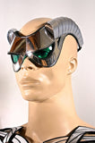 cyborg goggles with horns and green glasses burningman , futuristic, sci fi, cyber eyewear, mask, goggles,baphomet mask