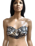 futuristic chrome bustier corset top, sci fi costume top, lady gaga bra, cyberpunk, cybergoth steampunk,