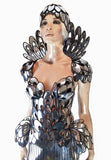 Chrome art nouveau inspired corset , burlesque performer futuristic gear