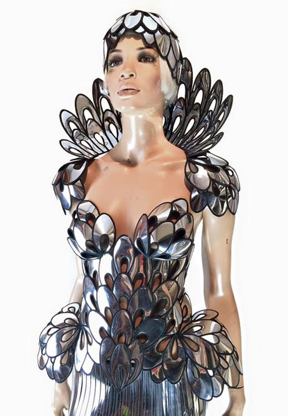 Chrome art nouveau inspired corset , burlesque performer futuristic gear