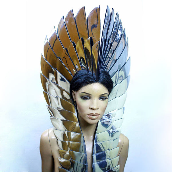 Indian war Bonnet, Native American Indian headdress, navajo feather headpiece, chief headpiece in chrome or gold futuristic hairdress