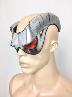 cyborg goggles with horns and green glasses burningman , futuristic, sci fi, cyber eyewear, mask, goggles,baphomet mask