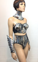 chrome armour corset top, futuristic, sci fi, metallic chrome bustier, futuristic wear,show costume, theatre,performer, halloween costumes,