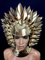 Cleopatra Egyptian goddess metallic headpiece in chrome or gold futuristic hairdress