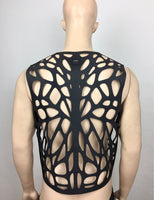 MEN futuristic rubber waistcoat hand cut butterfly motif made for men burningman