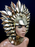 Cleopatra Egyptian goddess metallic headpiece in chrome or gold futuristic hairdress