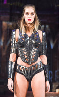 art deco inspired corset , burlesque performer futuristic gear
