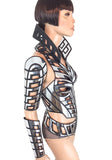 art deco inspired corset , burlesque performer futuristic gear