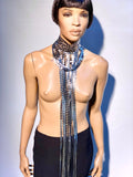 Fringe collar ,chocker , necklace with tassels 32 inch long ,silver chrome metallic and black fringes.