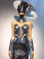 Sun goddess bustier bra in chrome, futuristic metallic top,  burlesque rave mirror chrome top, cyberpunk bustier