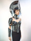 Peacock goddess metallic headpiece, futuristic hairdress