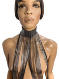 Fringe collar and cuffs, chocker, necklace with tassels to cuffs, silver chrome metallic and black fringes.