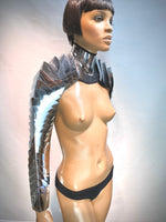 futuristic armadillo segmented neck and shoulder, cyber arm, shoulder armor