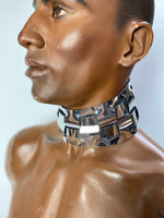 futuristic male posture collar, cyborg, punishment necklace