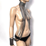 Fringe collar and cuffs, chocker, necklace with tassels to cuffs, silver chrome metallic and black fringes.