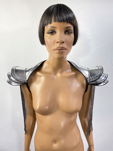 Fringe epaulettes, metallic embossed shoulder armor, futuristic armour, shoulder pads