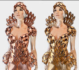 Chrome art nouveau inspired corset , burlesque performer futuristic gear