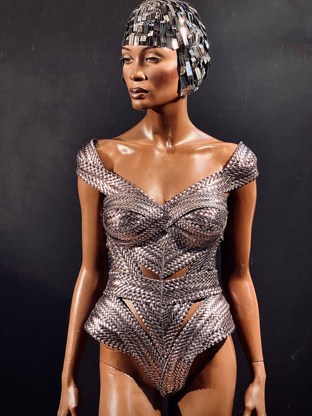 Biomech woven silver corset, bodysuit, robot, cyber, out of space