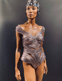 Biomech woven silver corset, bodysuit, robot, cyber, out of space top