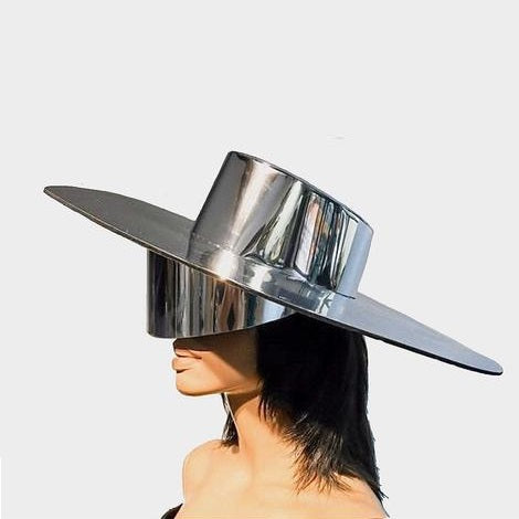 Futuristic chrome Zorro big hat ,Big brim ,floppy hat ,fedora ,including see through mirror visor
