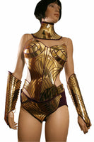 Metropolis golden corset top. Futuristic metallic bustier. Sci fi costume in metal mirror effect. Robot or cyberpunk futuristic gear.