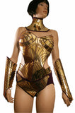 Metropolis golden corset top. Futuristic metallic bustier. Sci fi costume in metal mirror effect. Robot or cyberpunk futuristic gear.