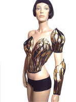 Gaudian gold embroidered gauntlets arm cuffs futuristic sci fi gloves slave cuffs cybergoth steampunk