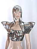 chrome armour corset top, futuristic, sci fi, metallic chrome bustier, futuristic wear,show costume, theatre,performer, halloween costumes,