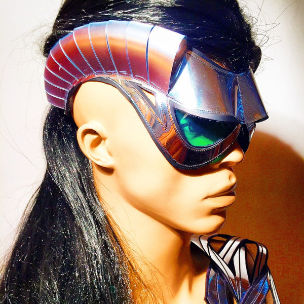 cyborg goggles with horns and green glasses burningman , futuristic, sci fi, cyber eyewear, mask, goggles,baphomet mask